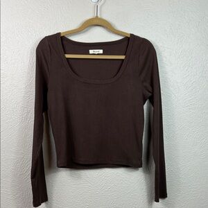 Madewell Brown Long Sleeve Ribbed Scoop Neck Crop Top Large